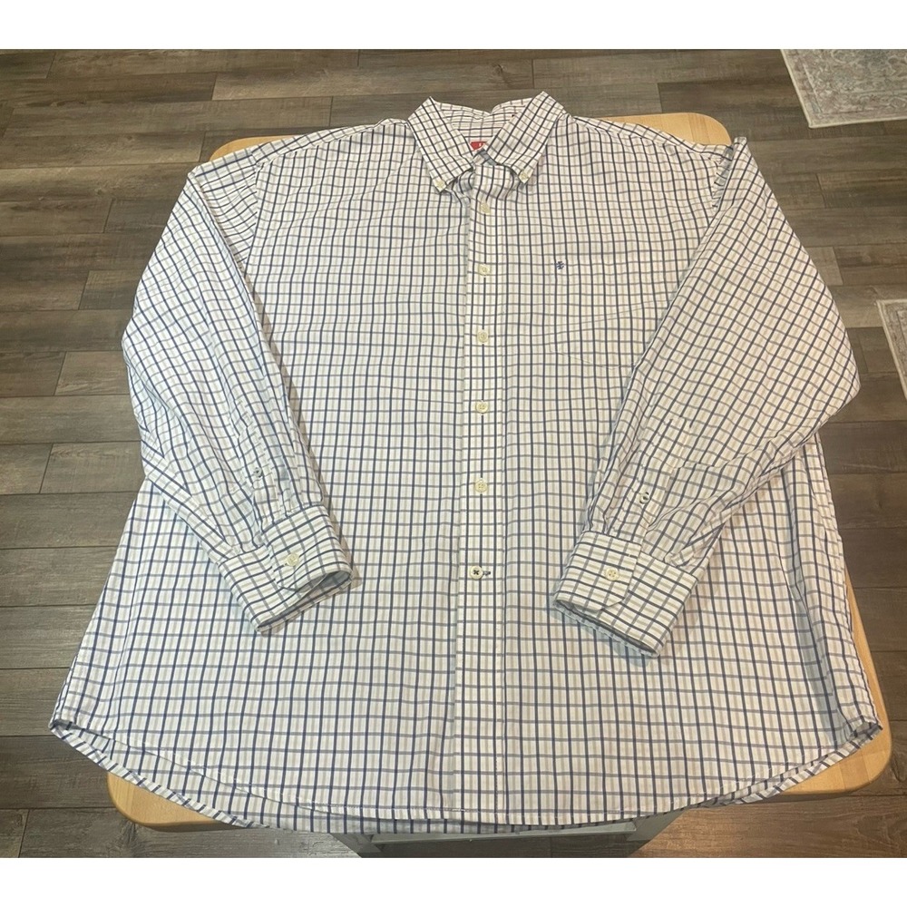 Izod Button Down Shirt White W/ Blue & Gray Checkers Long Sleeve XL 100% Cotton